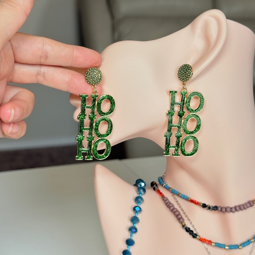 Green 'HO HO HO' Glitter Drop Earrings - Picture 6 of 9